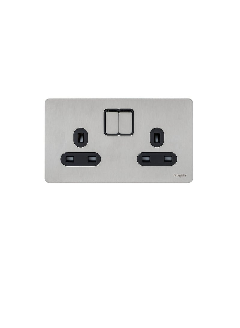 Schneider Electric GU3420-BSS 2-Gang 13A Ultimate Screwless Flat Plate Switched Socket, Stainless steel with Black - Image 1