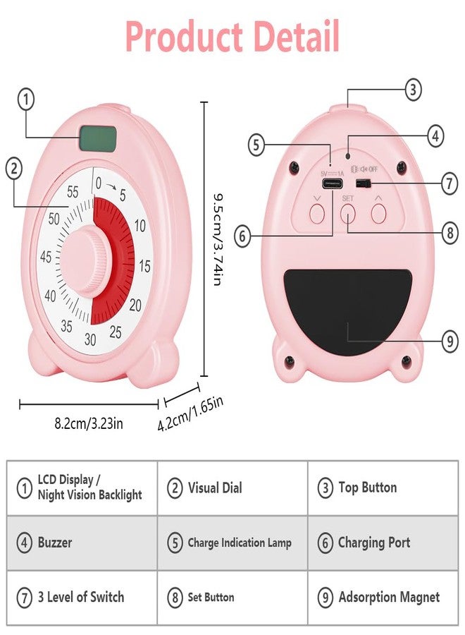 Ainiv 60 Minute Visual Timer for Kids,Countdown Timer for Classroom Office Kitchen,Cute Magnetic Desk Timers for Kids Desk, Office Desk and Meetings with Silent Operation(Pink) - Image 2