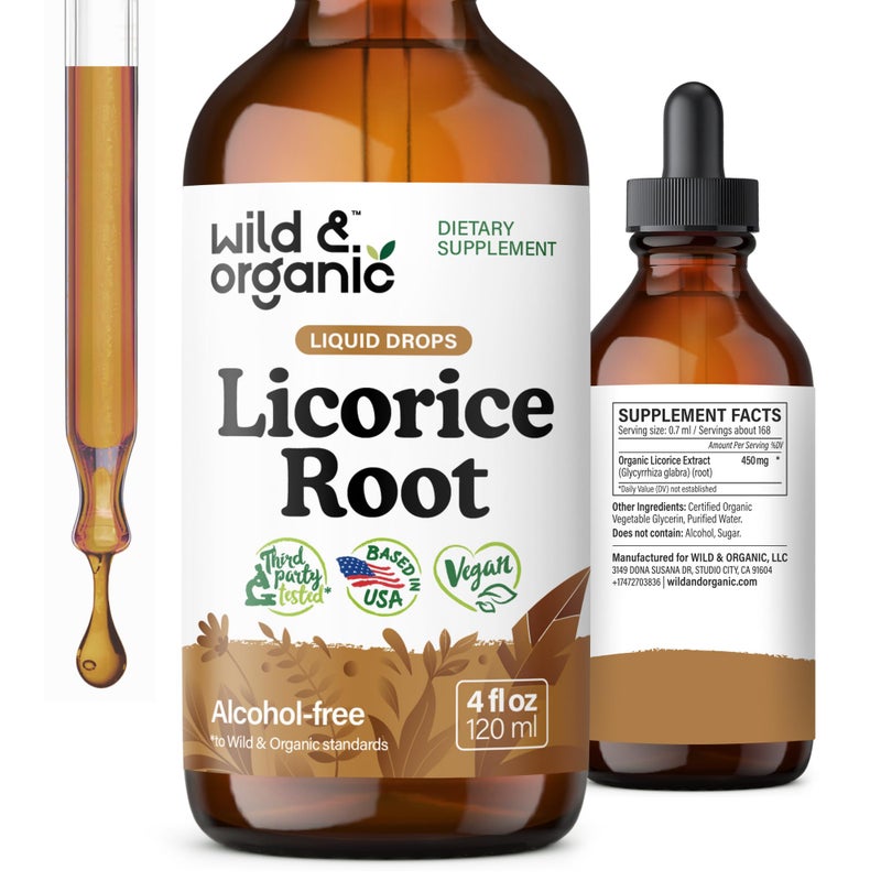 Wild & Organic Wild Organic Licorice Root Tincture Digestive Lung Skin Support Licorice Root Extract Liquid Drops Vegan Sugar AlcoholFree Supplement 4 fl oz 