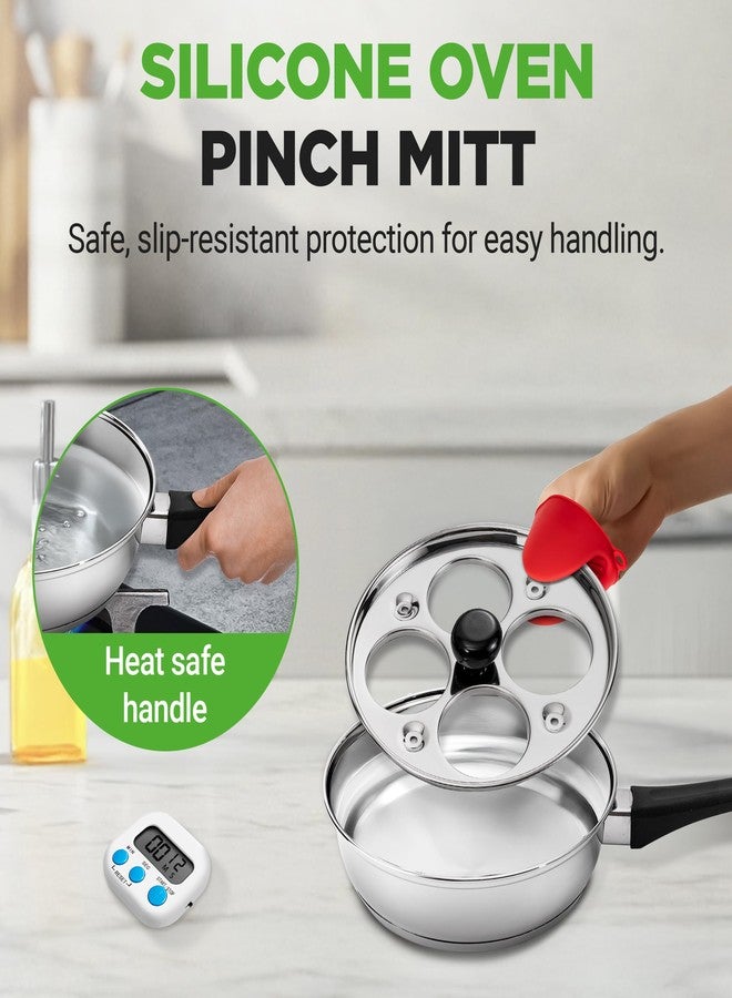 نيوتري شيف طقم مقلاة سلق البيض من نوتري شيف - مقلاة سلق بيض من الفولاذ المقاوم للصدأ مقاس 7.87 بوصة مع 4 أكواب سلق غير لاصقة، غطاء زجاجي، مؤقت، قفاز فرن، وملعقة مسطحة للحصول على بيض مسلوق مثالي، متوافق مع المواقد الحثية، فضي اللون - Image 4