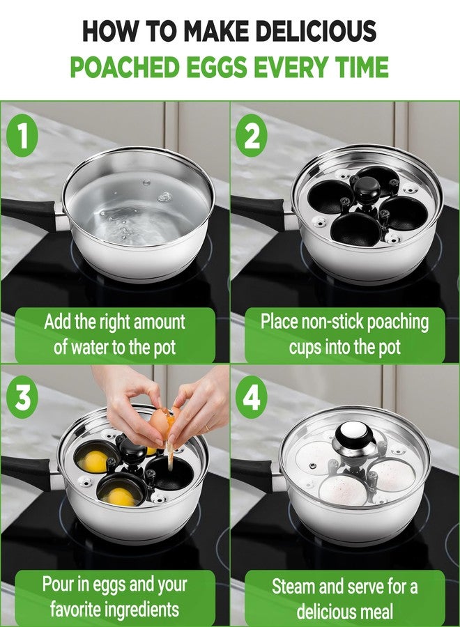 نيوتري شيف طقم مقلاة سلق البيض من نوتري شيف - مقلاة سلق بيض من الفولاذ المقاوم للصدأ مقاس 7.87 بوصة مع 4 أكواب سلق غير لاصقة، غطاء زجاجي، مؤقت، قفاز فرن، وملعقة مسطحة للحصول على بيض مسلوق مثالي، متوافق مع المواقد الحثية، فضي اللون - Image 3
