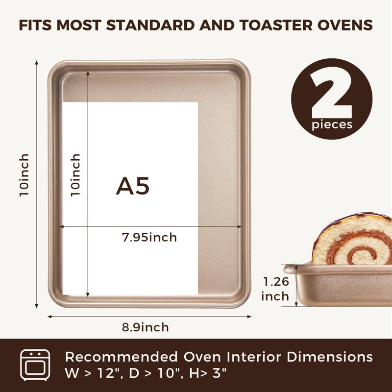 HONGBAKE 2 Pack 11 x 9 Inch Toaster Oven Pans and Trays, Small Baking Sheet Set for Cooking, Non-Stick Cookie Sheets, Heavy-Duty 0.8mm Thick, Easy to Clean, 1.26 Inch Deep, Gold - Image 2