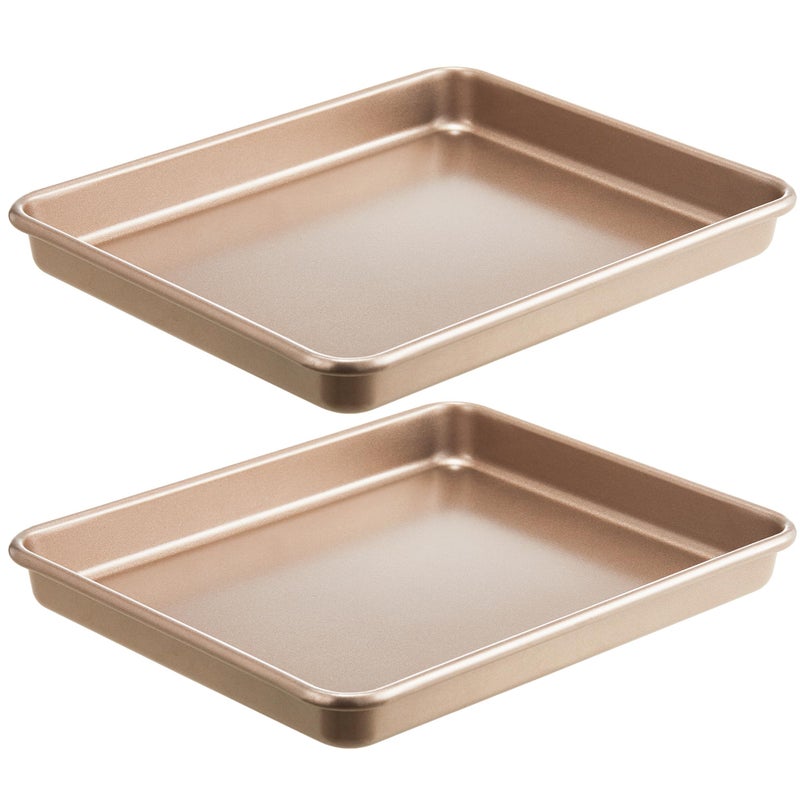 HONGBAKE 2 Pack 11 x 9 Inch Toaster Oven Pans and Trays, Small Baking Sheet Set for Cooking, Non-Stick Cookie Sheets, Heavy-Duty 0.8mm Thick, Easy to Clean, 1.26 Inch Deep, Gold - Image 1