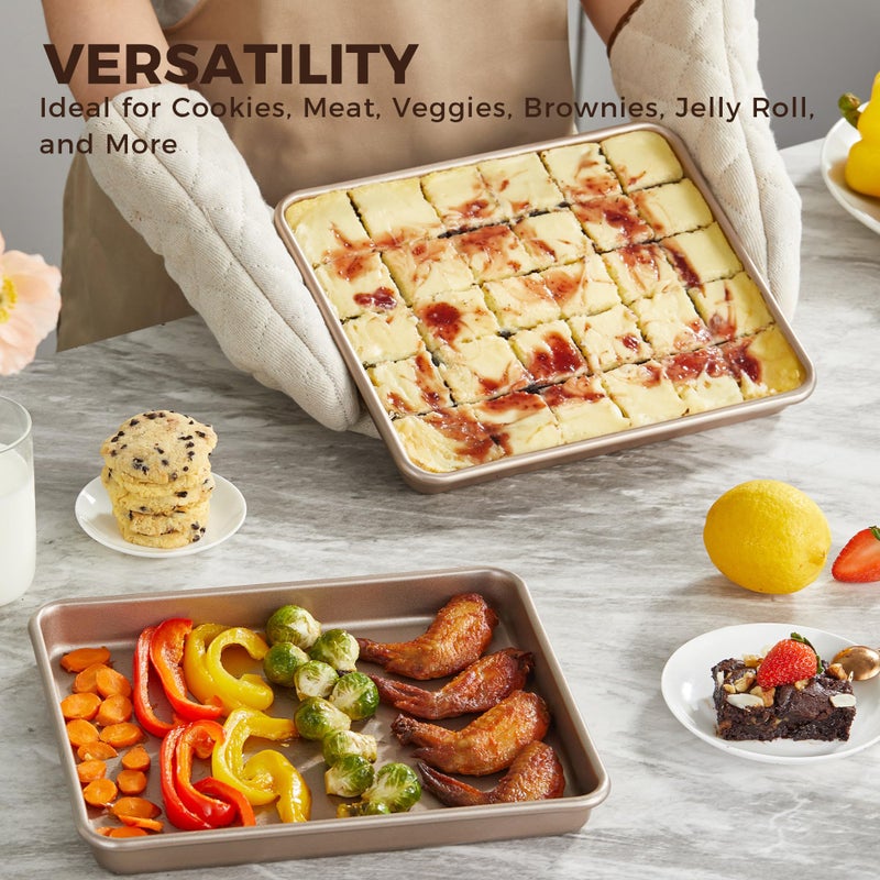 HONGBAKE 2 Pack 11 x 9 Inch Toaster Oven Pans and Trays, Small Baking Sheet Set for Cooking, Non-Stick Cookie Sheets, Heavy-Duty 0.8mm Thick, Easy to Clean, 1.26 Inch Deep, Gold - Image 4
