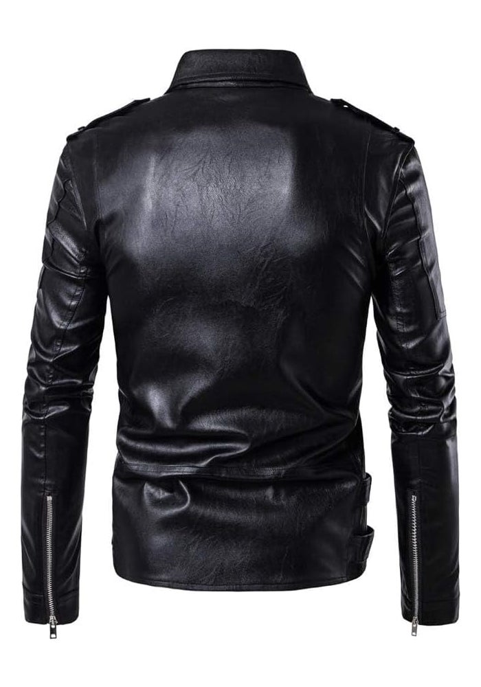 PASOK Men's PU Leather Motorcycle Jacket with Belt, Black - Image 4
