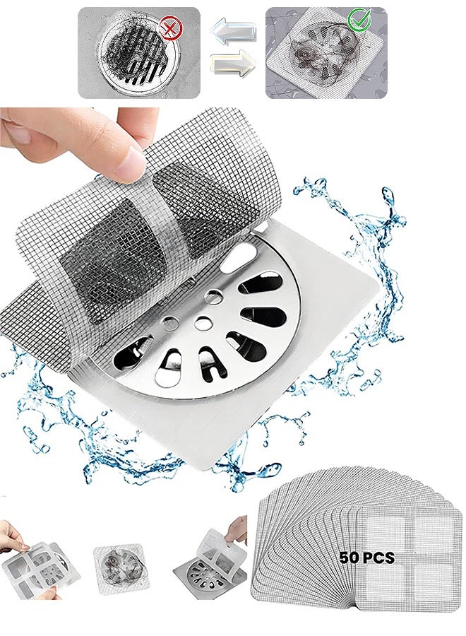 Photon 50 قطعة من ملصقات تصريف الشعر للاستخدام مرة واحدة، مصيدة شعر مربعة الشكل لتصريف الحمام، أغطية تصريف شبكة لتصريف الدش وملصق تصريف حوض الغسيل في المطبخ - Image 1