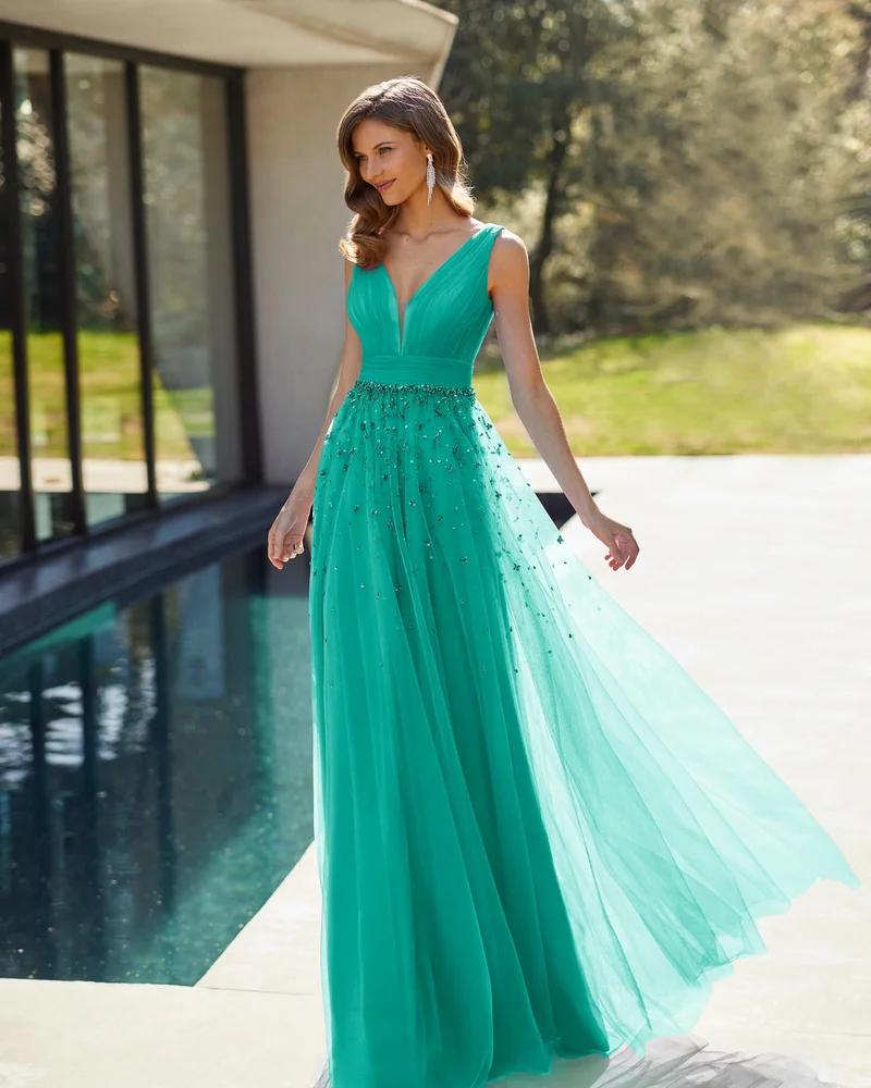 روسا كلارا Marfil Barcelona Tulle Long Cocktail Dress