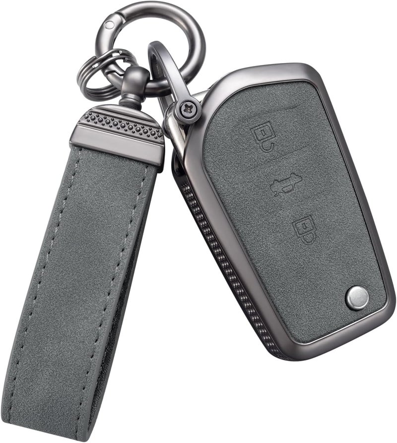 YO&YOYE Compatible with Toyota Key Fob Cover with Keychain Leather Key Case Protector for Fortuner Tundra Camry RAV4 Highlander Corolla Smart Key (Model3, Grey) - Image 1