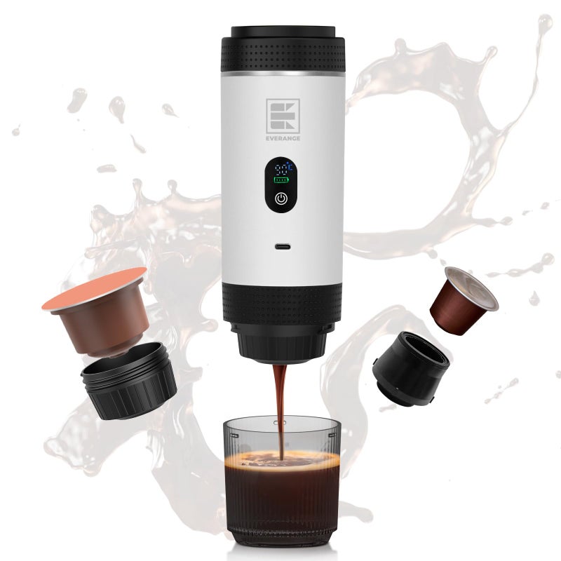 EVERANGE Portable Electric Espresso Machine, Travel Coffee Maker Brewer Compatible with Ground Coffee & NS Capsules (White with LCD Screen) - Image 1