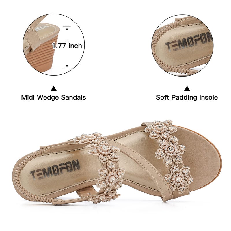 TEMOFON Wedge Sandals for Women Dressy: Summer Open Toe Elastic Ankle Strap - Comfortable Low Wedge Sandals Beige Size 8 - Image 5