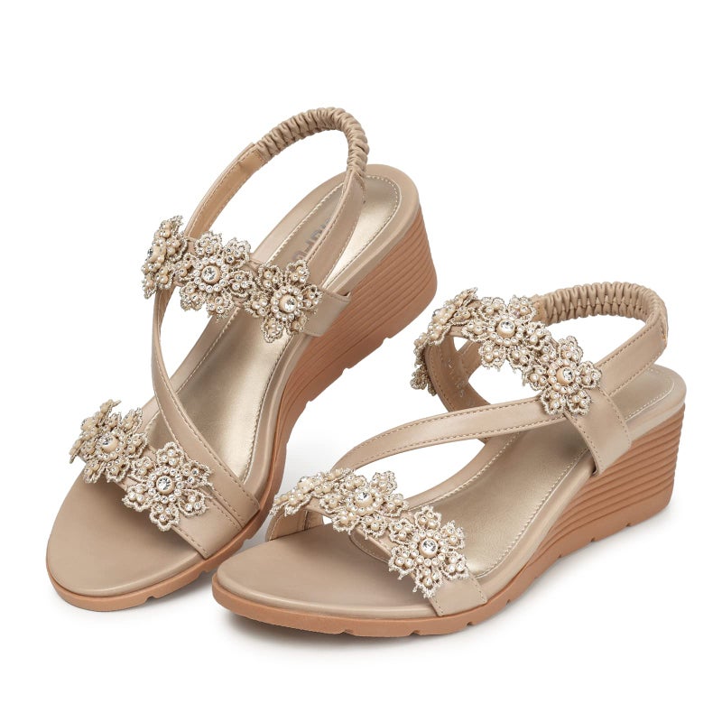 TEMOFON Wedge Sandals for Women Dressy: Summer Open Toe Elastic Ankle Strap - Comfortable Low Wedge Sandals Beige Size 8 - Image 1