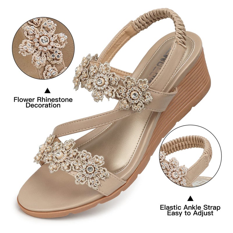 TEMOFON Wedge Sandals for Women Dressy: Summer Open Toe Elastic Ankle Strap - Comfortable Low Wedge Sandals Beige Size 8 - Image 4