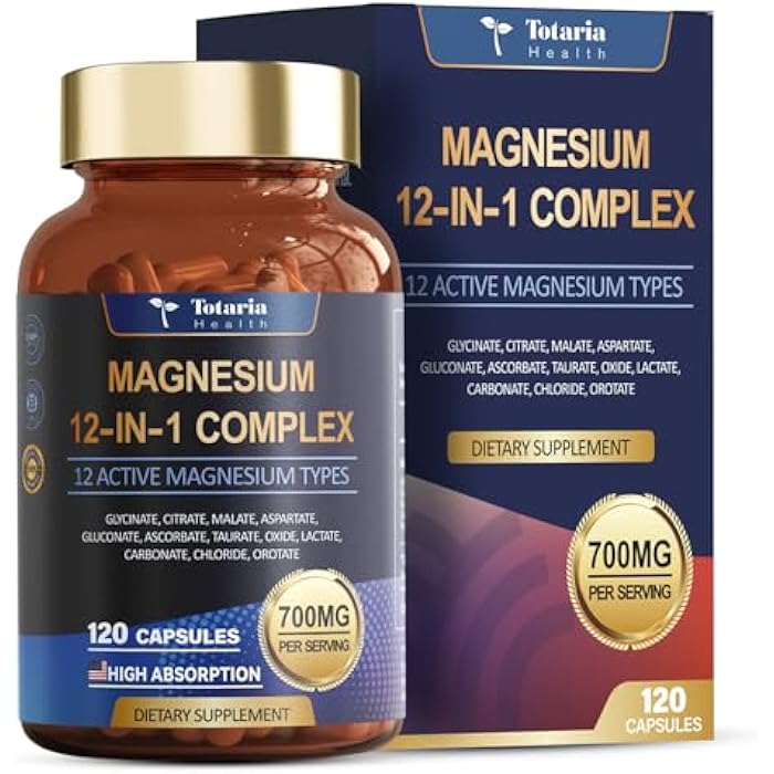 Totaria Magnesium Complex 700mg 12 in 1 Magnesium Supplement with Glycinate Citrate Malate Oxide Taurate Aspartate Orotate Magnesium Relaxation,Muscle,Heart Support, Vegan 120 Capsules - Image 1