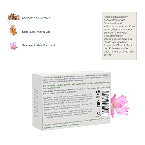 Tikitoro Teens Nourishing Bath Bar with Manijstha, Sea Buckthorn Oil and Sacred Lotus Extract, Soothes, Nourishes and Moisturizes Skin, Vegan, No Parabens & Sulphates (11-16 Years) (2 x 75g) - Image 2