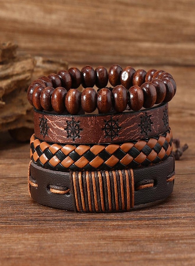 CALFOVERA 4 Styles Braided Leather Wrist Cuff PU Adjustable Leather Wrap Bracelet Hexagram Ethnic Tribal Black Brown Woven Wrap Natural Wood Beads Wristbands Arm Armor for Men Women Findings - Image 3