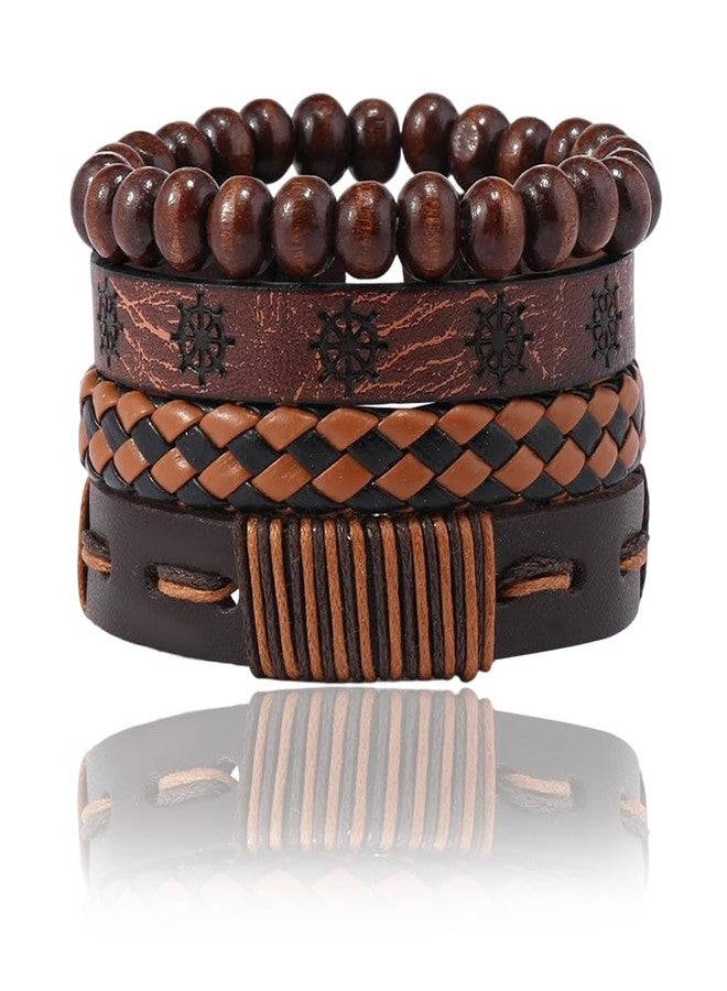 CALFOVERA 4 Styles Braided Leather Wrist Cuff PU Adjustable Leather Wrap Bracelet Hexagram Ethnic Tribal Black Brown Woven Wrap Natural Wood Beads Wristbands Arm Armor for Men Women Findings - Image 5