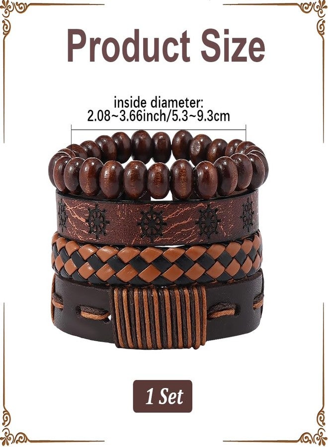 CALFOVERA 4 Styles Braided Leather Wrist Cuff PU Adjustable Leather Wrap Bracelet Hexagram Ethnic Tribal Black Brown Woven Wrap Natural Wood Beads Wristbands Arm Armor for Men Women Findings - Image 2