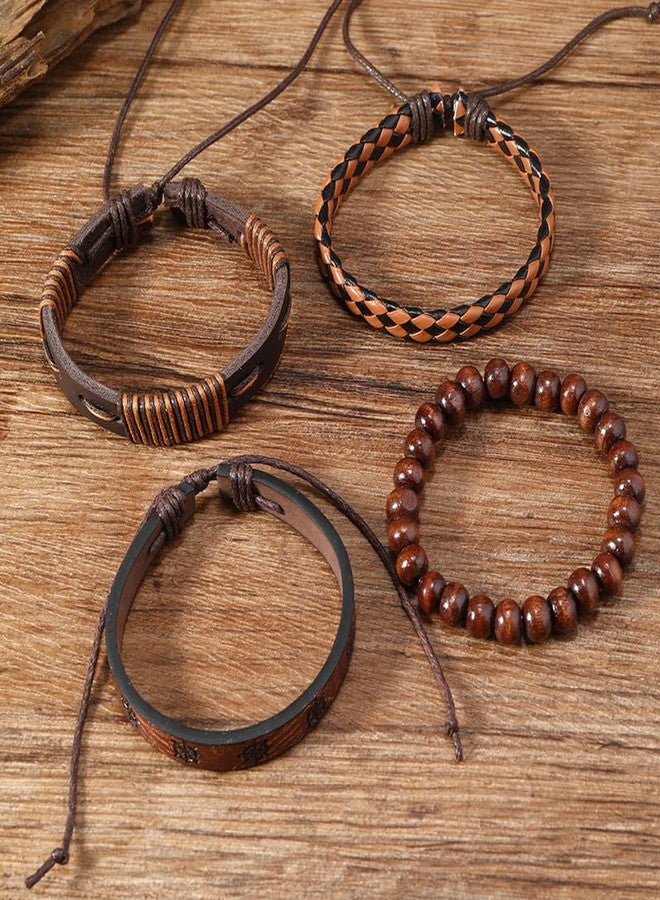 CALFOVERA 4 Styles Braided Leather Wrist Cuff PU Adjustable Leather Wrap Bracelet Hexagram Ethnic Tribal Black Brown Woven Wrap Natural Wood Beads Wristbands Arm Armor for Men Women Findings - Image 4