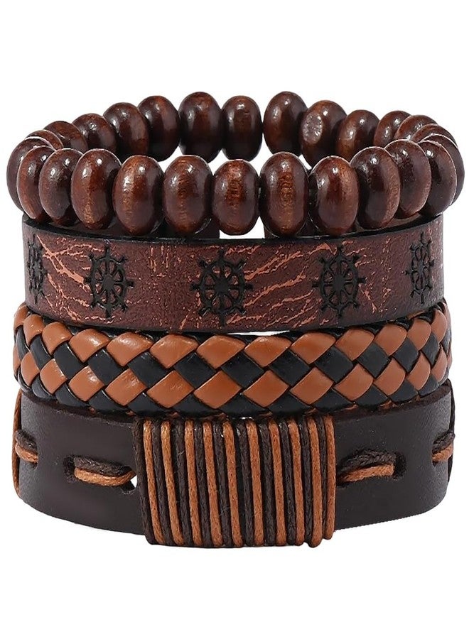 CALFOVERA 4 Styles Braided Leather Wrist Cuff PU Adjustable Leather Wrap Bracelet Hexagram Ethnic Tribal Black Brown Woven Wrap Natural Wood Beads Wristbands Arm Armor for Men Women Findings - Image 1