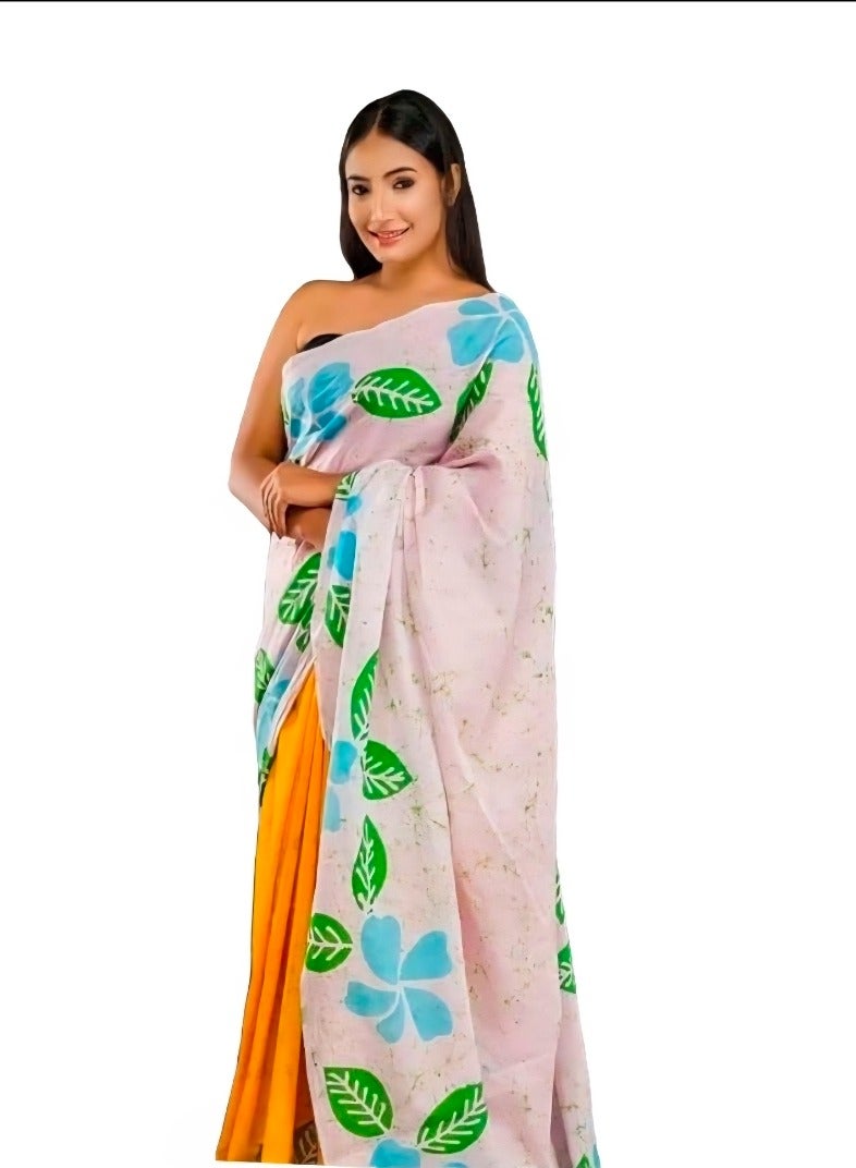 جــرابــمـــا نــتــرا   قاعدة من الكتان البرتقالي مع قماش بالو أبيض بطبعة زهور مع بلوزة غير مخيطة