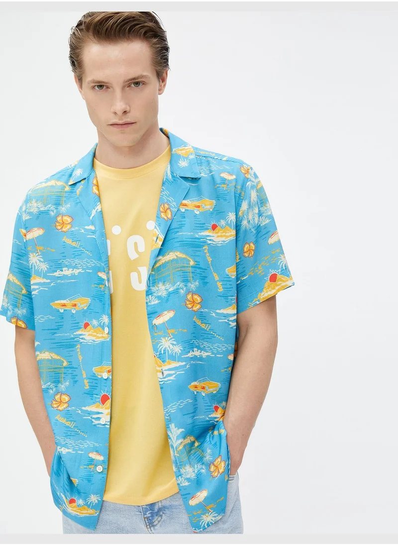 KOTON Short Sleeve Shirt Lapel Neck Summer Themed Printed