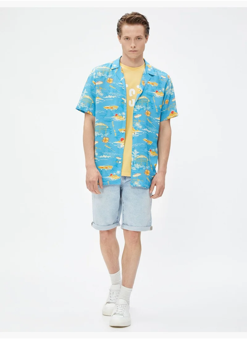 KOTON Short Sleeve Shirt Lapel Neck Summer Themed Printed