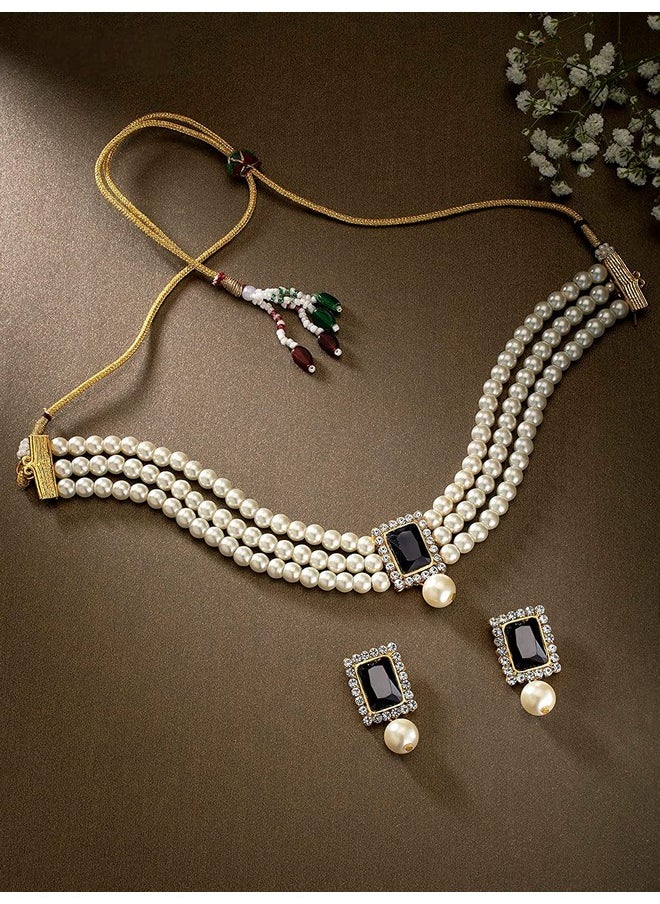 I Jewels I Jewels Gold Plated Traditional Stone Pearl Choker Necklace Jewellery Set For Women/Girls (ML237B)  - Image 2