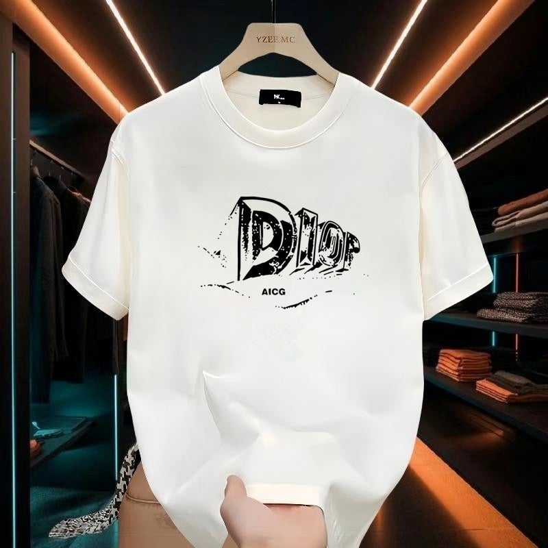 Mens Casual Round Neck Tee Trendy Printed Short Sleeve White 