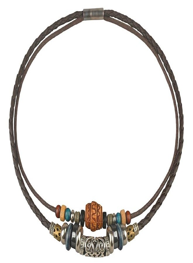 Ancient Tribe Boho Double Cord Choker Necklace with Patterned Ceramic Bead, Brown Braided Leather, Snap Insert Clasp, 15.75 Inches