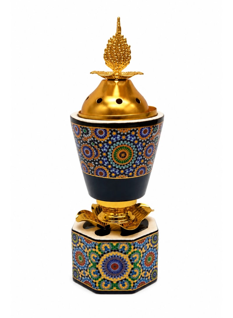 Luxury Bakhoor & Oud Incense Burner with Ornate Arabic Design and Golden Lid, Decorative Home Fragrance Incense Holder, 21 cm - Image 1