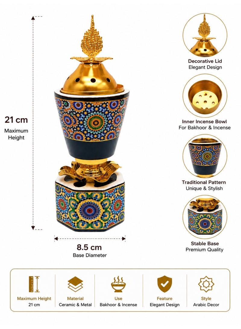 Luxury Bakhoor & Oud Incense Burner with Ornate Arabic Design and Golden Lid, Decorative Home Fragrance Incense Holder, 21 cm - Image 3