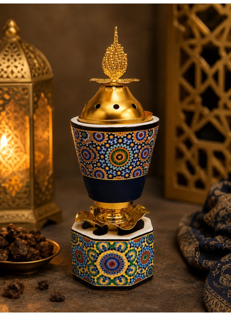 Luxury Bakhoor & Oud Incense Burner with Ornate Arabic Design and Golden Lid, Decorative Home Fragrance Incense Holder, 21 cm - Image 2