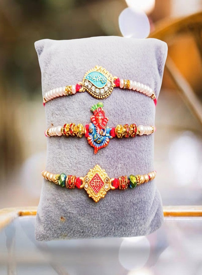 SQUIDSY Rakhi Set of 3 for Brother, Bhaiya & Kids – Traditional Design Rakhis with Om Ganesha Charms – Rakshabandhan Rakhi Combo Gift Pack for Brothers (Multicolor) - Image 4