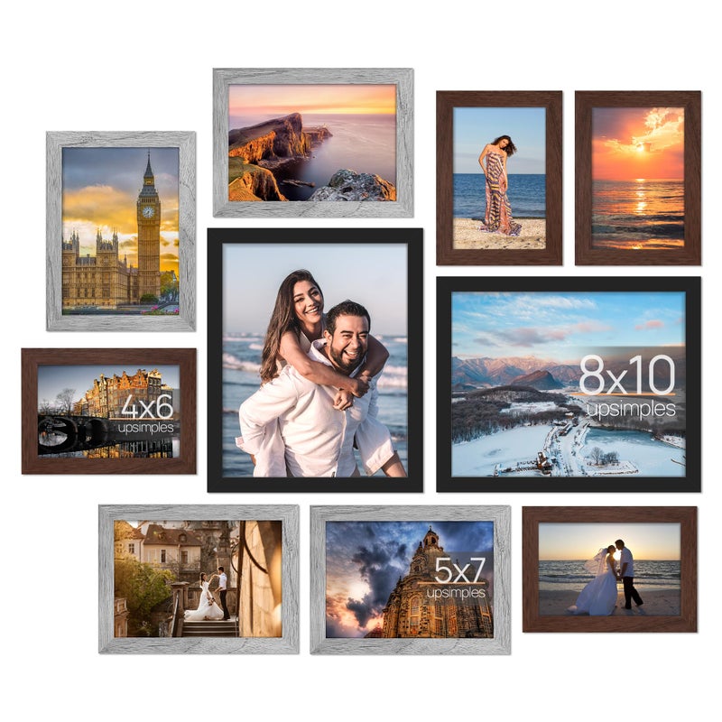 upsimples 10 Pack Picture Frames Collage Wall Decor with Glass  Gallery Wall Frame Set for Wall Mounting or Tabletop Display  Multi Sizes Including 8x10  5x7  4x6 Family Photo Frames  Black Gray Brown - Image 1