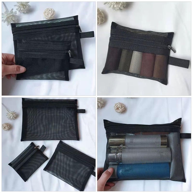 3 Piece Mesh Travel Makeup Bag Set Large Medium Small Cosmetic Organizer Zipper Pouch Portable Toiletry Storage - Image 5