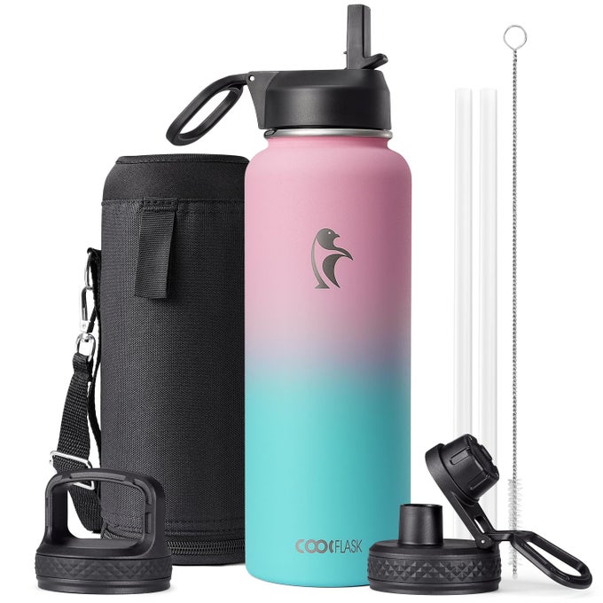 40 OZ INSULATED WATER BOTTLE WITH STRAW3 LIDS STAINLESS STEEL METAL FLASK WIDE MOUTH FOR SPORTS OR OFFICE NONBPA KEEP COLD UP TO 48 HRS OR HOT UP TO 24 HRS BUBBLEGUM PRINCESS