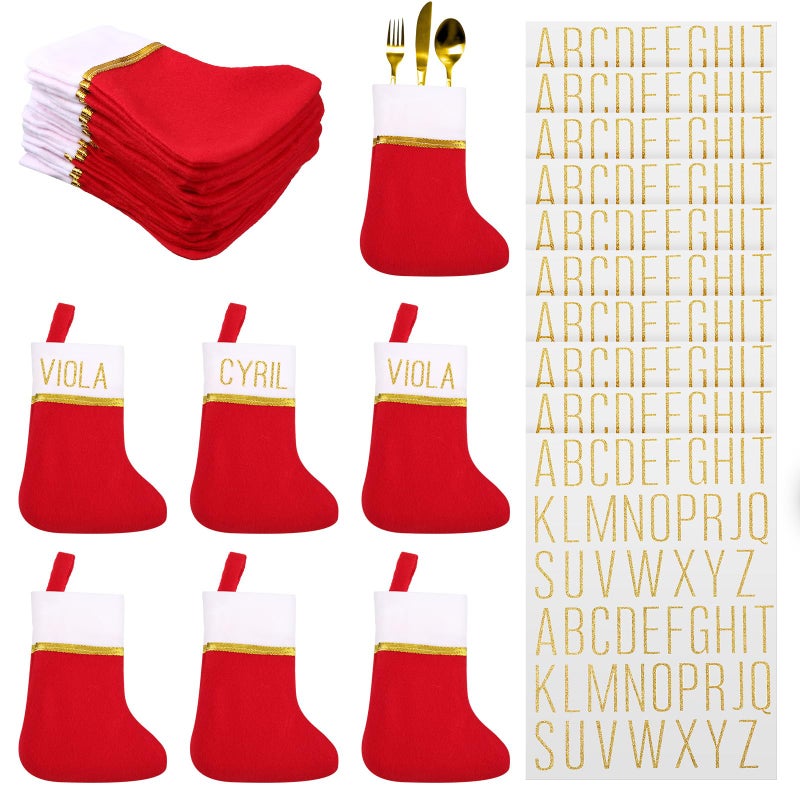 24 Pcs Mini Christmas Stockings Red with 10 Sheets Self Adhesive Vinyl Letters Stickers Kit Mailbox Stick Letters Small Holiday Christmas Stockings Bulk for Xmas Red and White