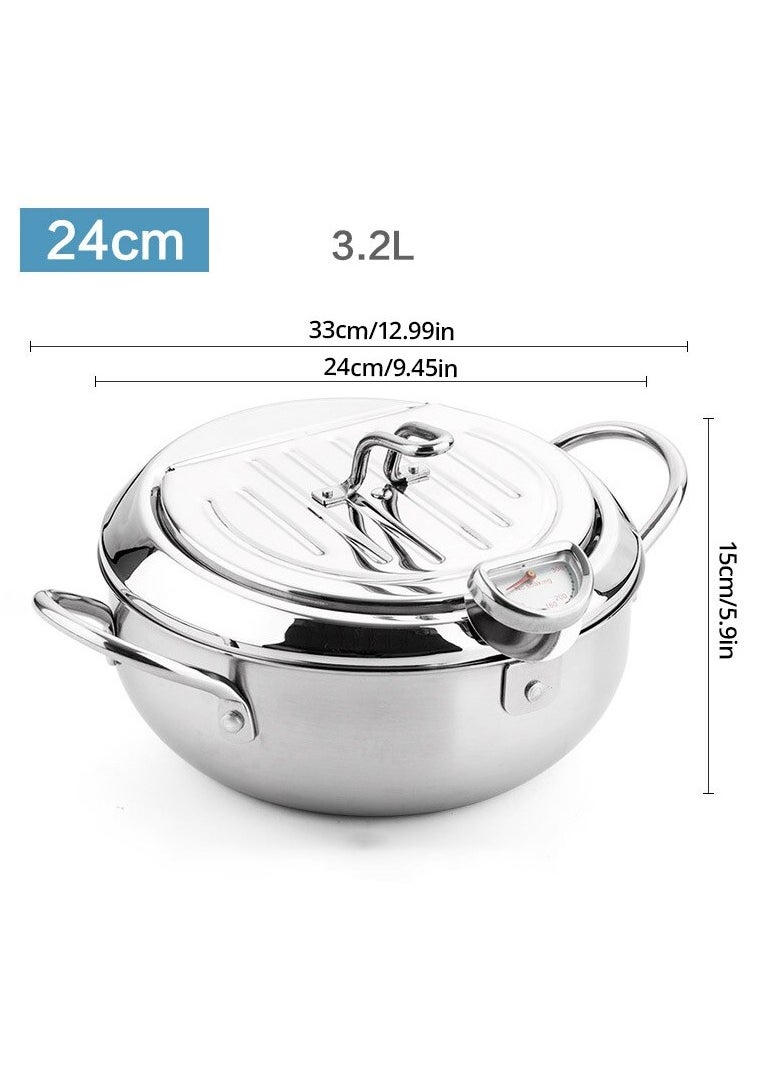 AROAQ Tempura Deep Fryer, Stainless Steel Tempura Fry Pot With A Thermometer And Oil Drip Rack Lid, Small Oil Saving Drip Drainer Pan For Household, (3.2L)  - Image 1
