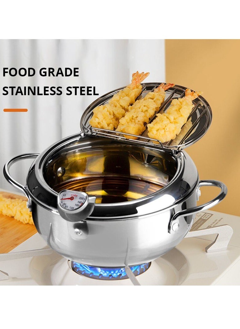 AROAQ Tempura Deep Fryer, Stainless Steel Tempura Fry Pot With A Thermometer And Oil Drip Rack Lid, Small Oil Saving Drip Drainer Pan For Household, (3.2L)  - Image 2
