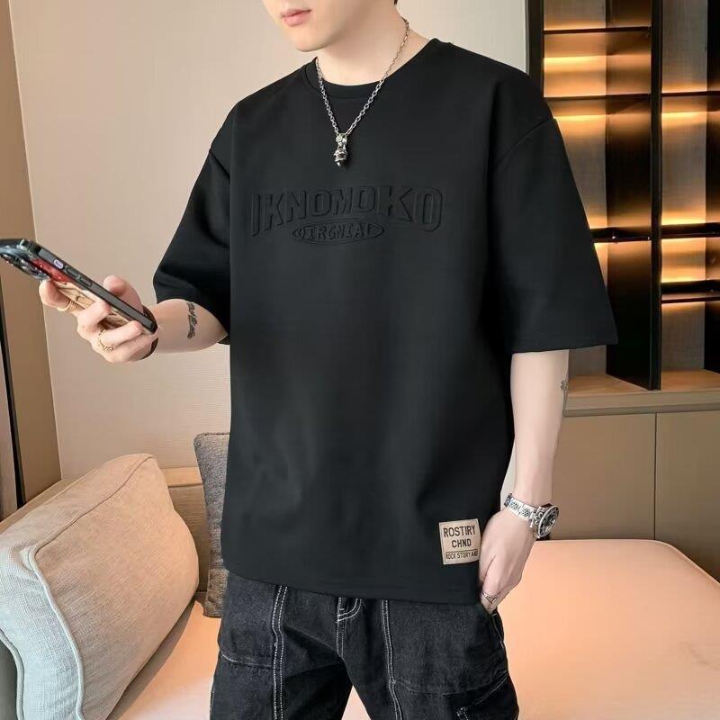 Men'S Short-Sleeved T-Shirt Summer 2024 Trendy Instagram Popular Brand Base Shirt Steel-Printed Three-Dimensional Letter Loose Half-Sleeve Top - Image 5