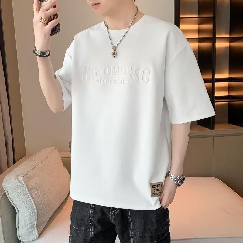 Men'S Short-Sleeved T-Shirt Summer 2024 Trendy Instagram Popular Brand Base Shirt Steel-Printed Three-Dimensional Letter Loose Half-Sleeve Top - Image 3