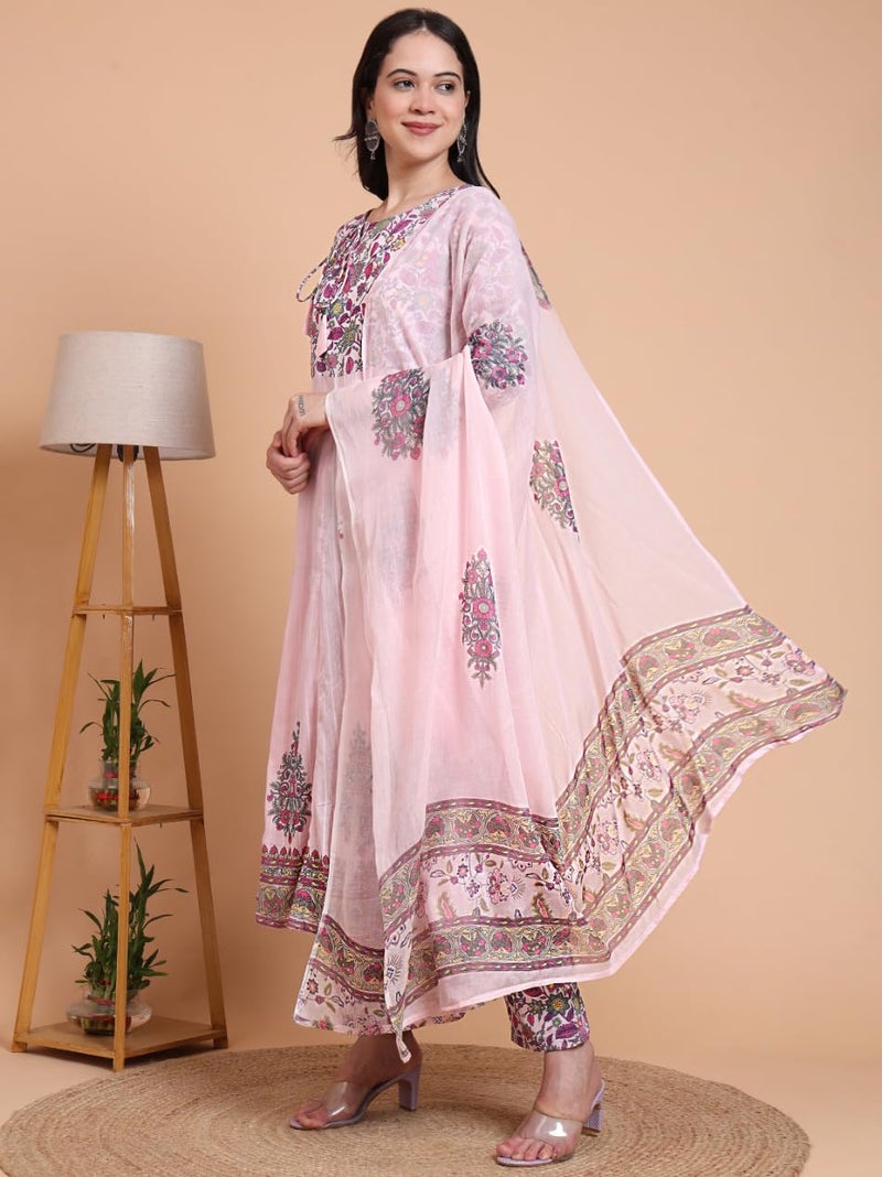 Yash Gallery Women's Pink Cotton Dobby Calf Length 3/4th Sleeve Printed Anarkali Kurta Set with Pant & Dupatta - Image 2