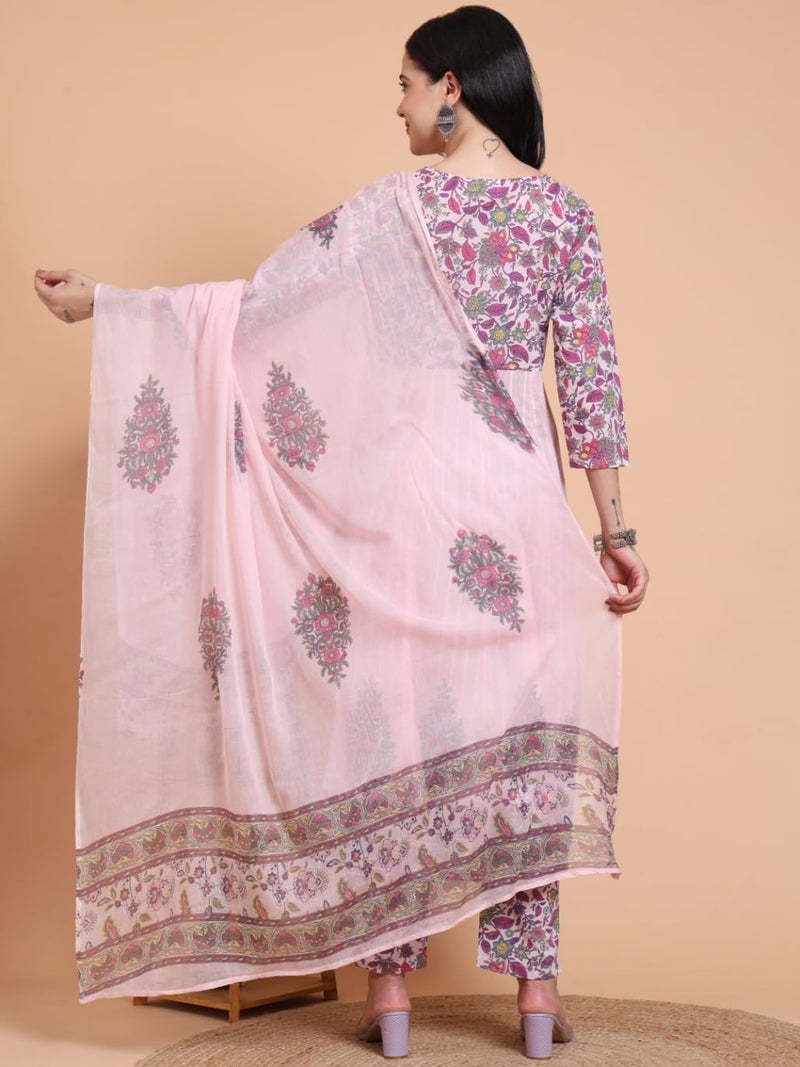 Yash Gallery Women's Pink Cotton Dobby Calf Length 3/4th Sleeve Printed Anarkali Kurta Set with Pant & Dupatta - Image 4