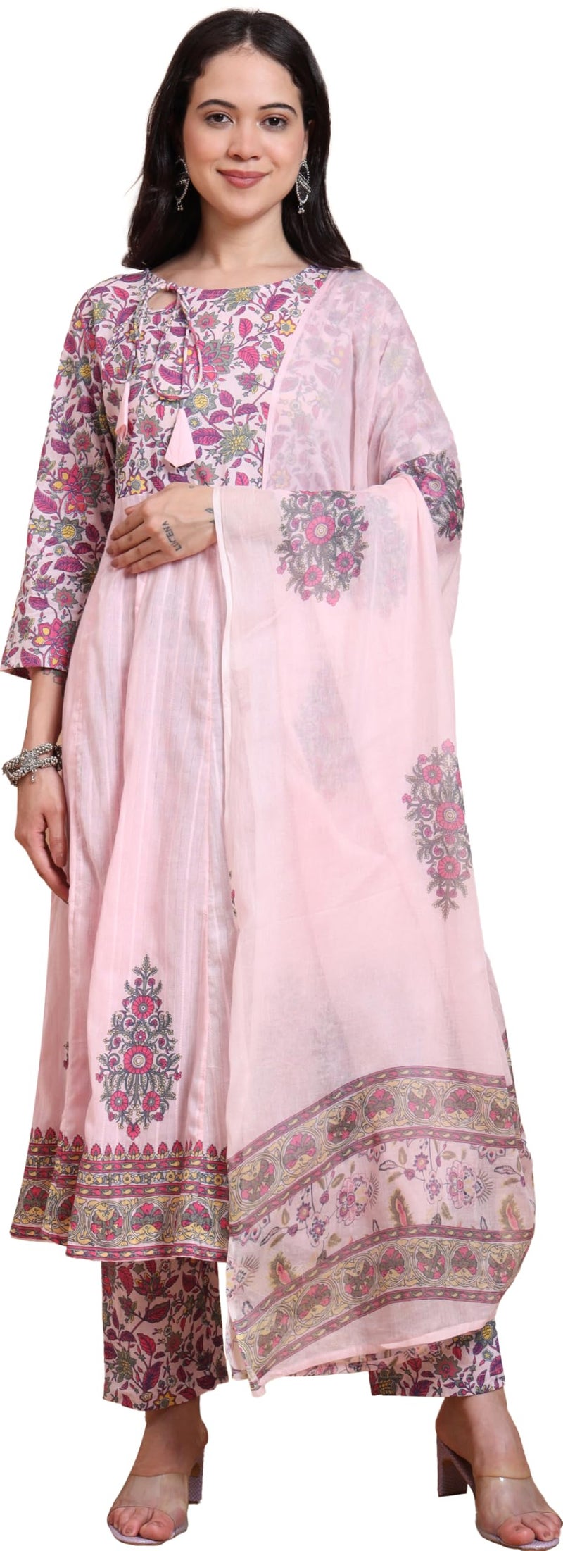 Yash Gallery Women's Pink Cotton Dobby Calf Length 3/4th Sleeve Printed Anarkali Kurta Set with Pant & Dupatta - Image 1