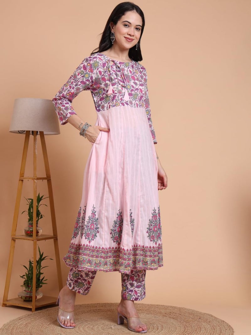 Yash Gallery Women's Pink Cotton Dobby Calf Length 3/4th Sleeve Printed Anarkali Kurta Set with Pant & Dupatta - Image 3