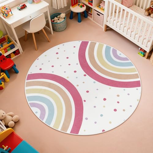 STARUIA Round Rainbow Rug for Girls Bedroom, 4 Ft Washable Kids Rug for Baby Nursery, Non-Slip Circle Area Rug Colorful Princess Carpet for Teen Dorm Playroom Tent - Image 1