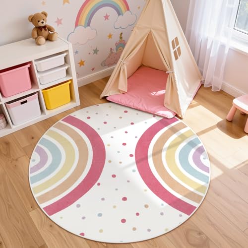 STARUIA Round Rainbow Rug for Girls Bedroom, 4 Ft Washable Kids Rug for Baby Nursery, Non-Slip Circle Area Rug Colorful Princess Carpet for Teen Dorm Playroom Tent - Image 2