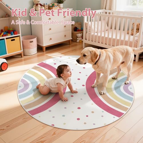 STARUIA Round Rainbow Rug for Girls Bedroom, 4 Ft Washable Kids Rug for Baby Nursery, Non-Slip Circle Area Rug Colorful Princess Carpet for Teen Dorm Playroom Tent - Image 5