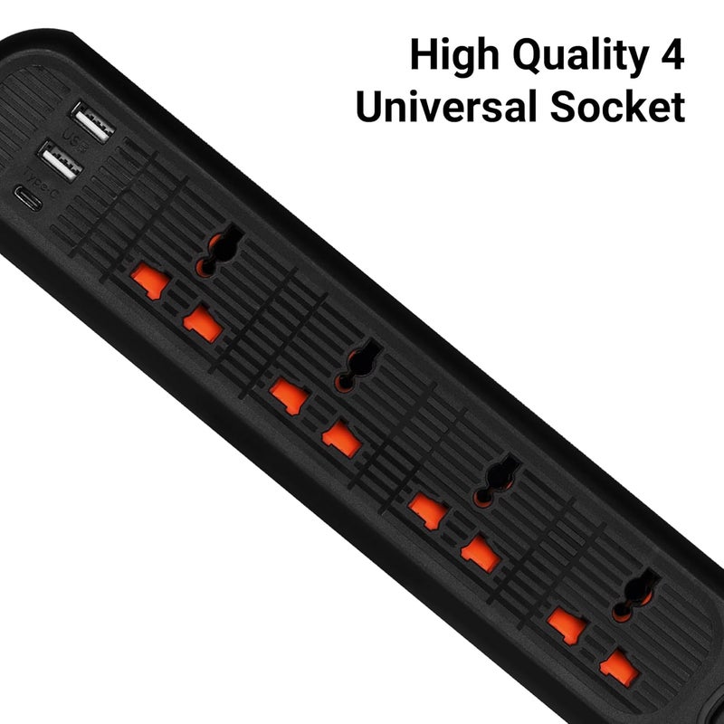 ZEBRONICS بار الطاقة 145، لوحة/شريط تمديد، 2000 واط، 10 أمبير، 1 منفذ نوع C، 4 مقابس عالمية، 2 منفذ USB، مؤشر LED، مفتاح تشغيل/إيقاف، قابل للتثبيت على الحائط، 5 متر، أسود - Image 3