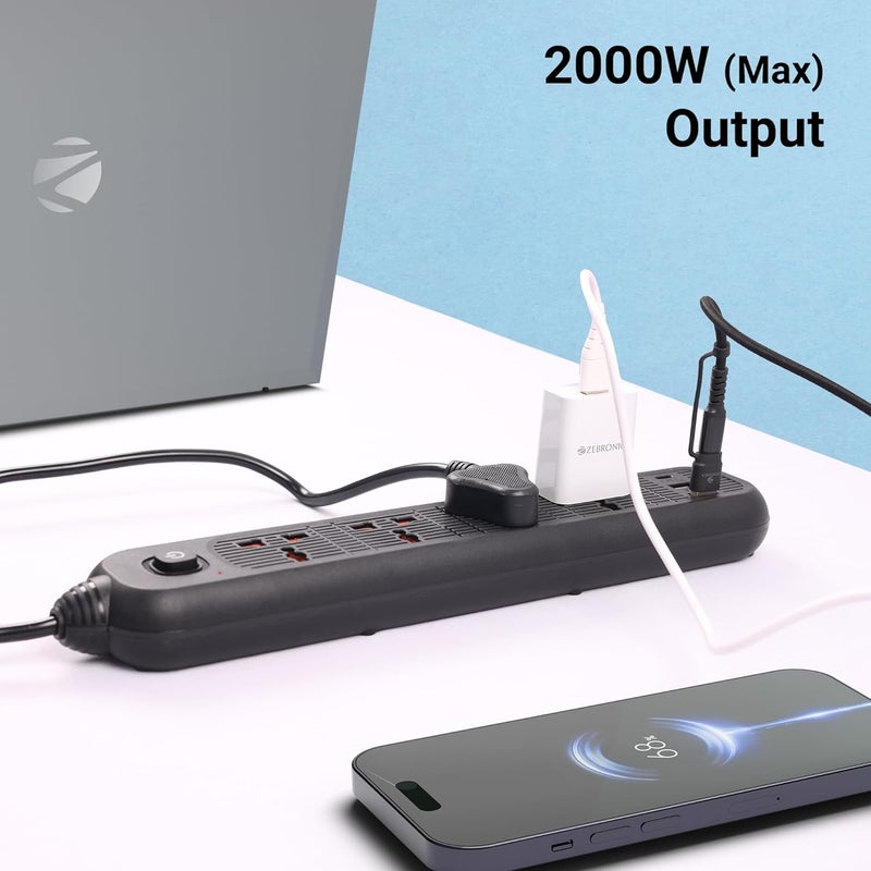 ZEBRONICS بار الطاقة 145، لوحة/شريط تمديد، 2000 واط، 10 أمبير، 1 منفذ نوع C، 4 مقابس عالمية، 2 منفذ USB، مؤشر LED، مفتاح تشغيل/إيقاف، قابل للتثبيت على الحائط، 5 متر، أسود - Image 2